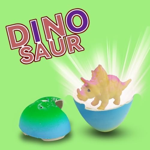 Miniature colorful dinosaur figures emerging from cracked toy egg shells during the water growing process.