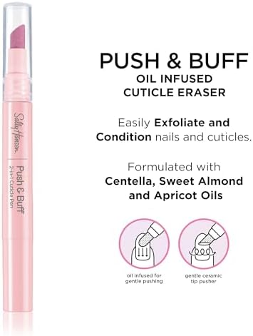 Sally Hansen push and buff pen removing excess cuticle skin from a natural nail bed.