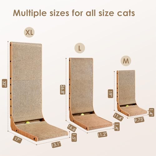 EHEYCIGA L shaped pet scratcher lifestyle view with a cat stretching vertically to show accurate sizing proportions.