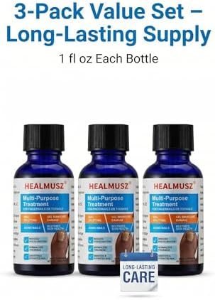 Three bottles of HEALMUSZ nail treatment for athletes foot and onychomycosis relief.