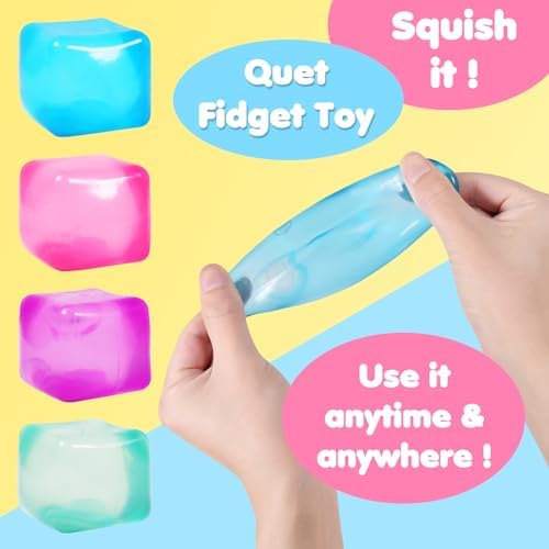 Pink purple and blue translucent ice cube sensory fidget balls held in hand.
