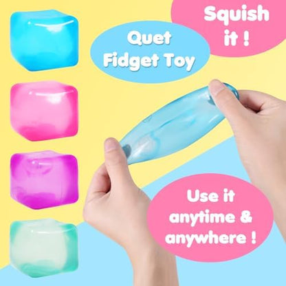 Pink purple and blue translucent ice cube sensory fidget balls held in hand.