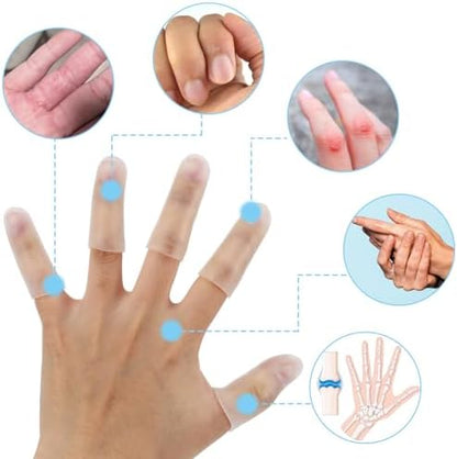 Ten pieces of clear medical grade silicone finger sleeves displayed on a white background
