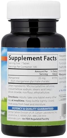 Close up of Carlson Labs Chelated Manganese bottle label and supplement details