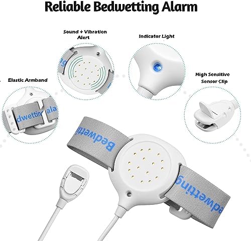 Rechargeable bedwetting sensor with USB cable and progress tracking chart.