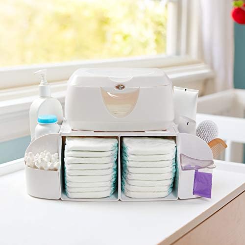Munchkin Diaper Duty Organizer showing side bins holding baby lotions