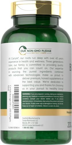 Carlyle Borage Oil 200 softgels packaging detailing the cold pressed and hexane free formula