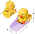 Skyroku yellow duck water tap cover actively directing water flow into a sink basin to prevent splashing.