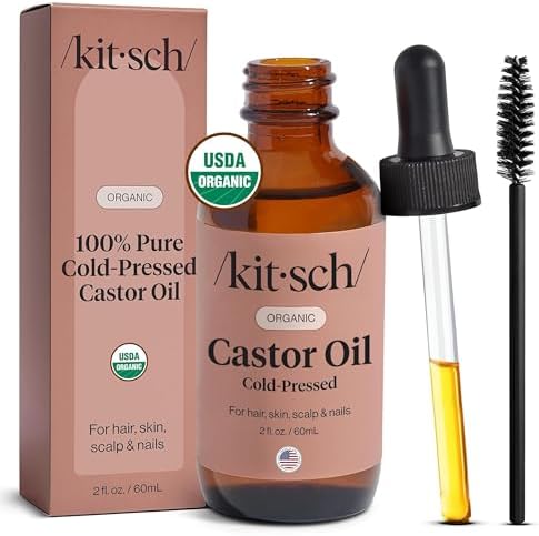 Kitsch Organic Castor Oil front view of the glass bottle with dropper for hair growth