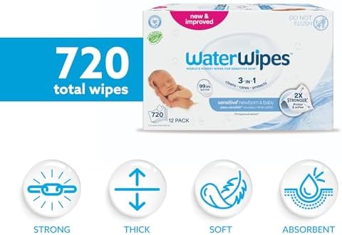 WaterWipes Sensitive+ Newborn & Baby Wipes, 3-In-1 Cleans, Cares, Protects, 99.9% Water, Unscented & Hypoallergenic, 720 Count (12 Packs) - Image 3