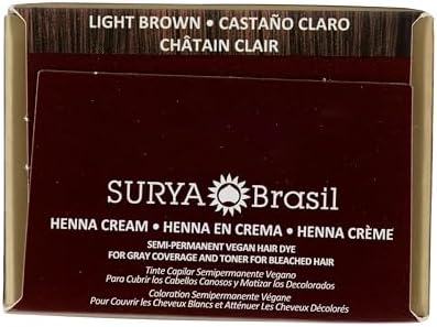 Surya Brasil Light Brown kit components including the conditioning henna cream tube and gloves