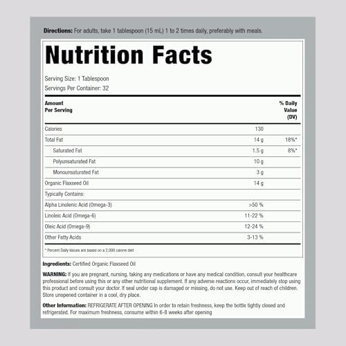 Piping Rock cold pressed plant based omega supplement bottle side panel displaying nutritional information.