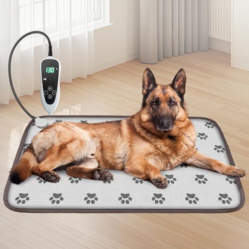 Waterproof pet heating pad with chew resistant steel cord laid flat on a living room floor.