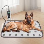 Waterproof pet heating pad with chew resistant steel cord laid flat on a living room floor.