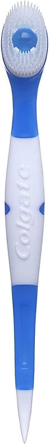 Red colored Colgate disposable mini manual toothbrush designed for business travel and flights.