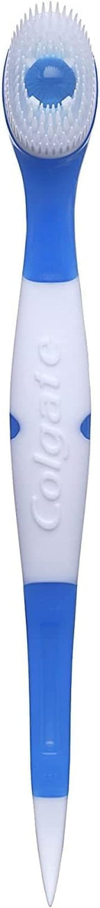 Red colored Colgate disposable mini manual toothbrush designed for business travel and flights.