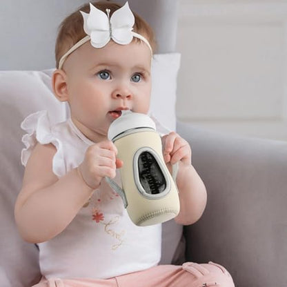 Side profile of insulated sleeve fitted on glass baby bottle