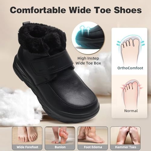 Black leather orthopedic winter boots with faux fur lining and hook-and-loop closure
