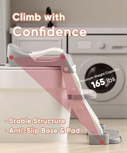 Anti-slip pads and textured steps on the baby toilet training ladder for safety.