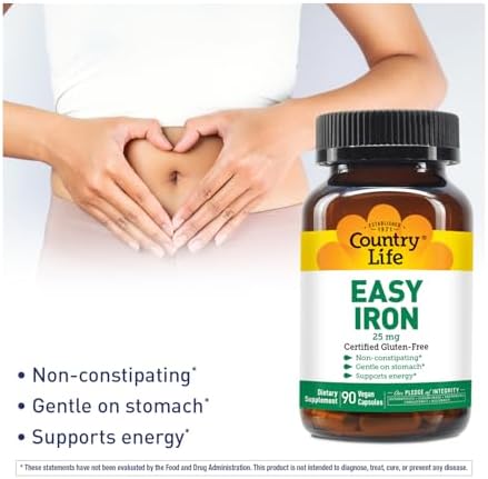 Country Life Gentle Iron supplement packaging detailing certified vegan and gluten free stamps