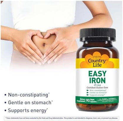 Country Life Gentle Iron supplement packaging detailing certified vegan and gluten free stamps