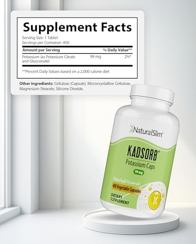 NaturalSlim natural potassium supplement bottle displaying electrolyte and pH balance benefits.