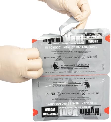 North American Rescue trauma seal with large red pull tab for rapid use