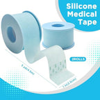 Two rolls of blue waterproof surgical tape displaying the micropore texture and packaging details.