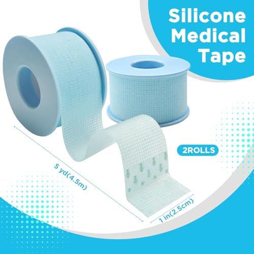 Two rolls of blue waterproof surgical tape displaying the micropore texture and packaging details.