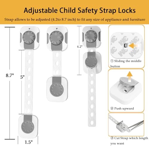 Close up of the adjustable ten hole strap design on the Fursafe&Q baby proof drawer latch showing the smart lock button.