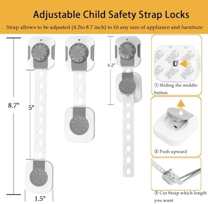 Close up of the adjustable ten hole strap design on the Fursafe&Q baby proof drawer latch showing the smart lock button.