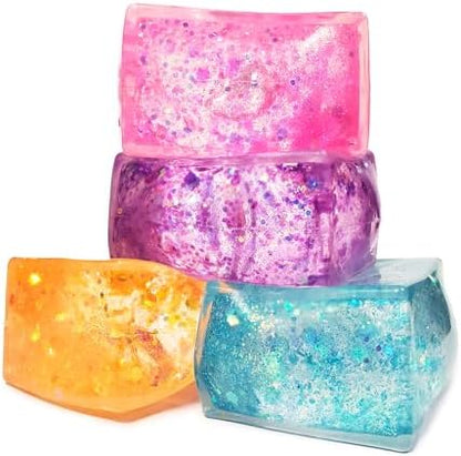 The complete four count packaging of orange pink blue and purple square toys
