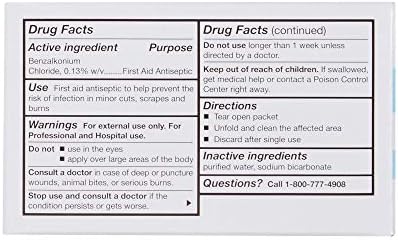 Individually wrapped sterile antiseptic BZK wipes for first aid