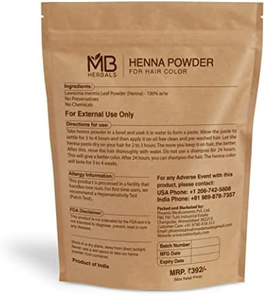 Back view of MB Herbals Henna Powder bag with detailed preparation and application instructions