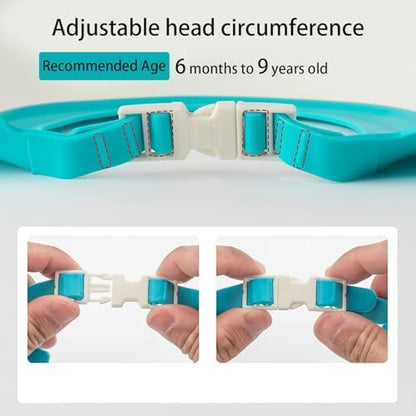Waterproof baby bath hat with flexible rear sizing strap closure