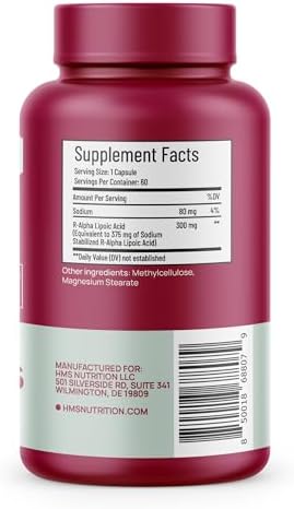 HMS Nutrition 300mg R-Lipoic Acid capsule details highlighting the vegan and NSF certification seals