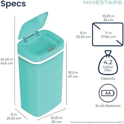 Ninestars teal blue trash can inside a modern nursery setting