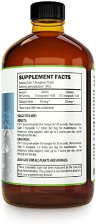 Kaiame Naturals Ionic Silver Solution amber glass bottle back label displaying supplement facts and usage directions.