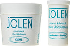 Close up of Jolen original creme bleach contents with spatula and mixing tray accessories