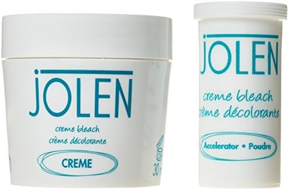Close up of Jolen original creme bleach contents with spatula and mixing tray accessories