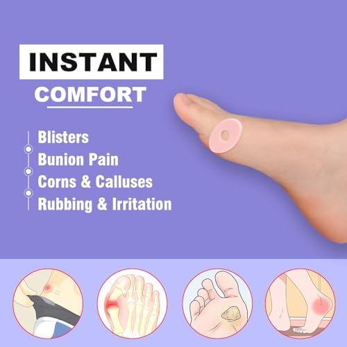 Self-adhesive corn pads for foot pain relief applied to a heel.