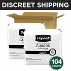 Depend male bladder control guards packaging showing two packs of fifty-two count