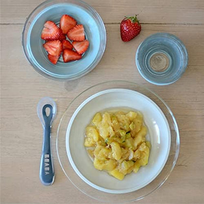 Side view of Beaba baby suction bowl and plate set on high chair tray