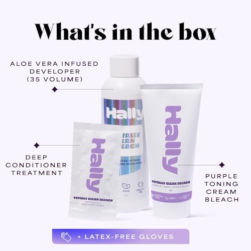 At home hair lightener kit contents including purple cream bleach developer and conditioner