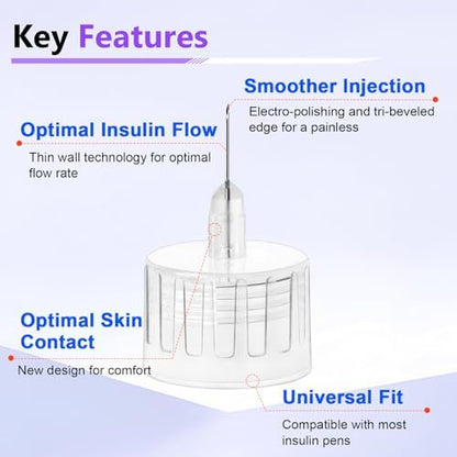 Medt Pro Comfort 100 count box showing universal fit compatibility for insulin pens.