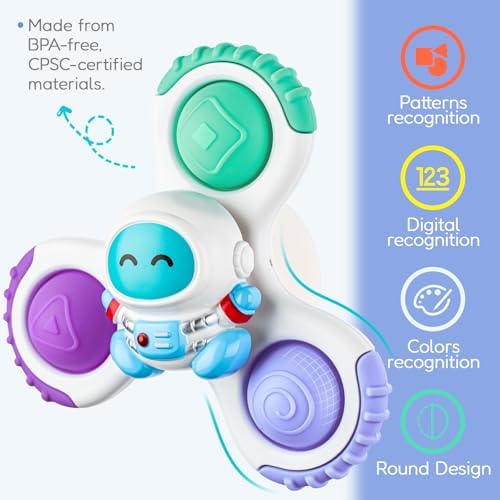 Toddler playing with Alasou space theme suction cup spinners