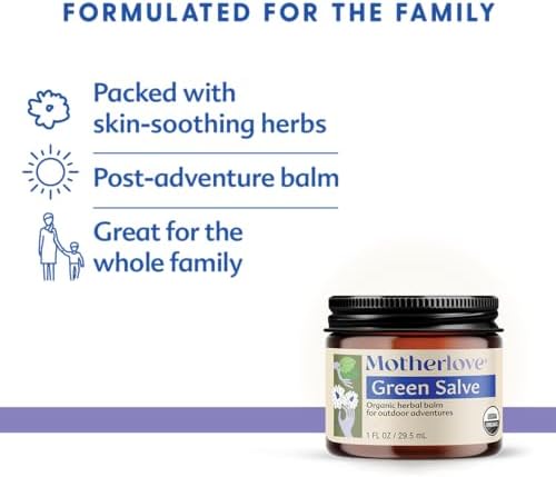 USDA Organic seal on Motherlove Green Salve packaging for outdoor skin care.