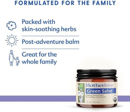 USDA Organic seal on Motherlove Green Salve packaging for outdoor skin care.