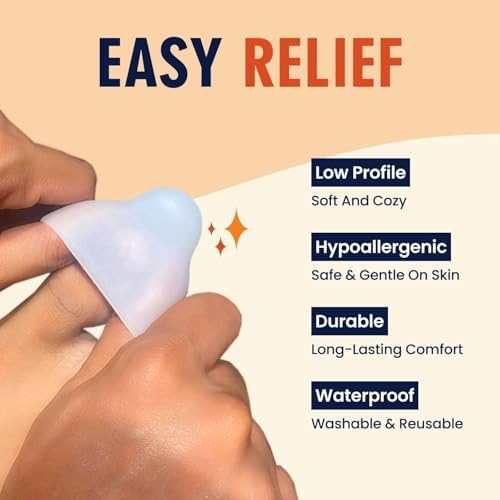 Soft gel toe protectors being worn inside a shoe for blister prevention.