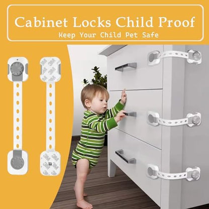 Fursafe&Q adjustable child safety strap lock installed on a white kitchen cabinet drawer preventing toddler access.
